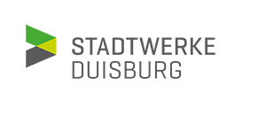 Logo der Stadtwerke Duisburg: Dreieckiges Symbol in Grün, Hellgrün und Grau neben dem schwarzen Schriftzug ‚Stadtwerke Duisburg